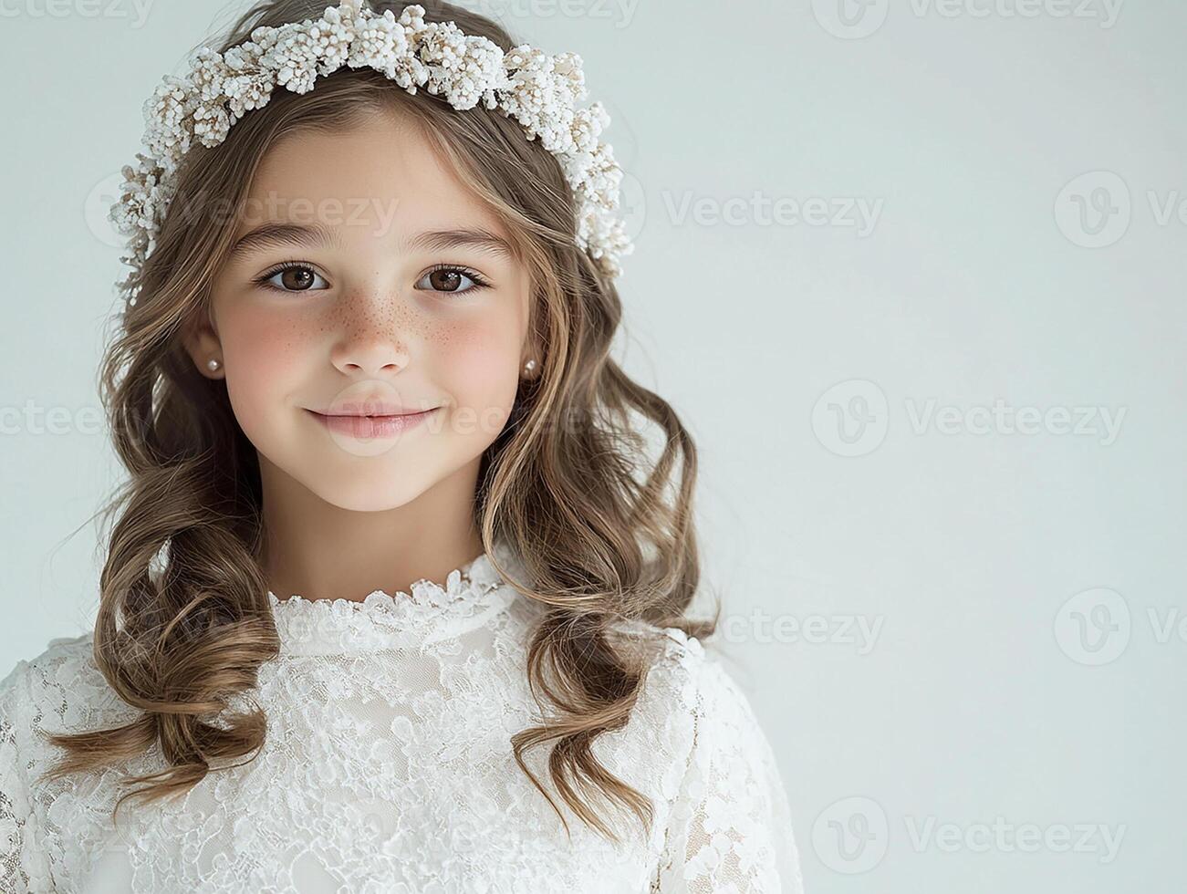 A little girl in a white dress and a flower crown photo