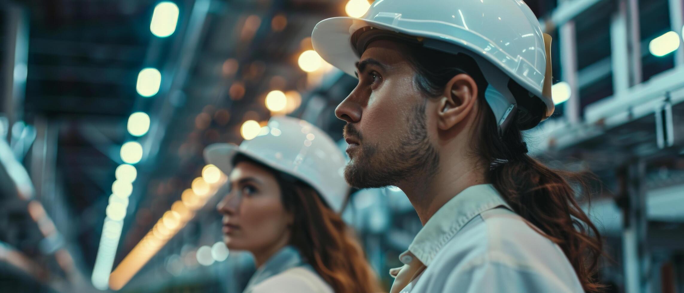 Two industrial workers wearing hard hats and coveralls inspect a large machine in a factory. photo