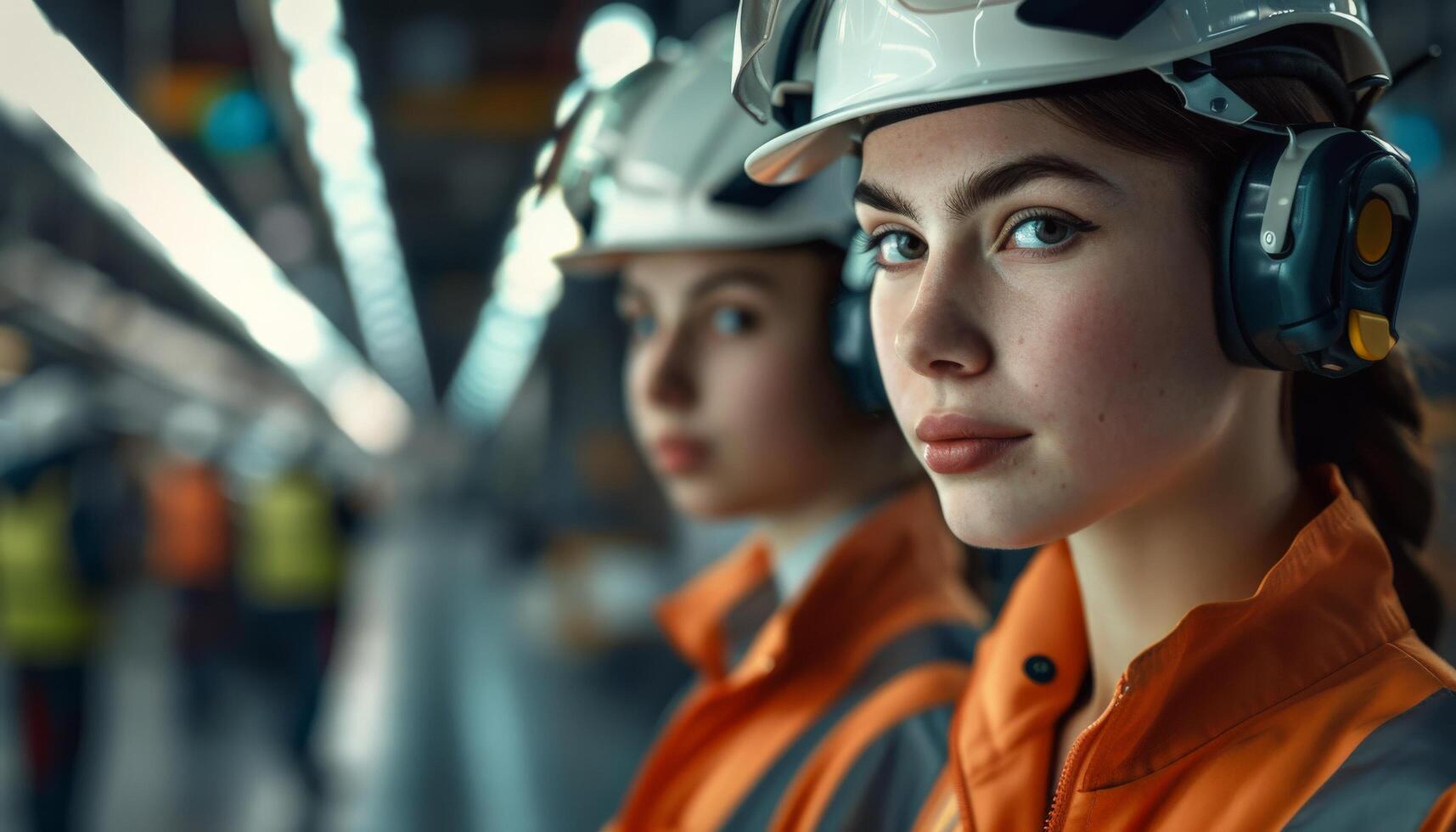 Two women in hard hats and safety gear looking at the camera. photo