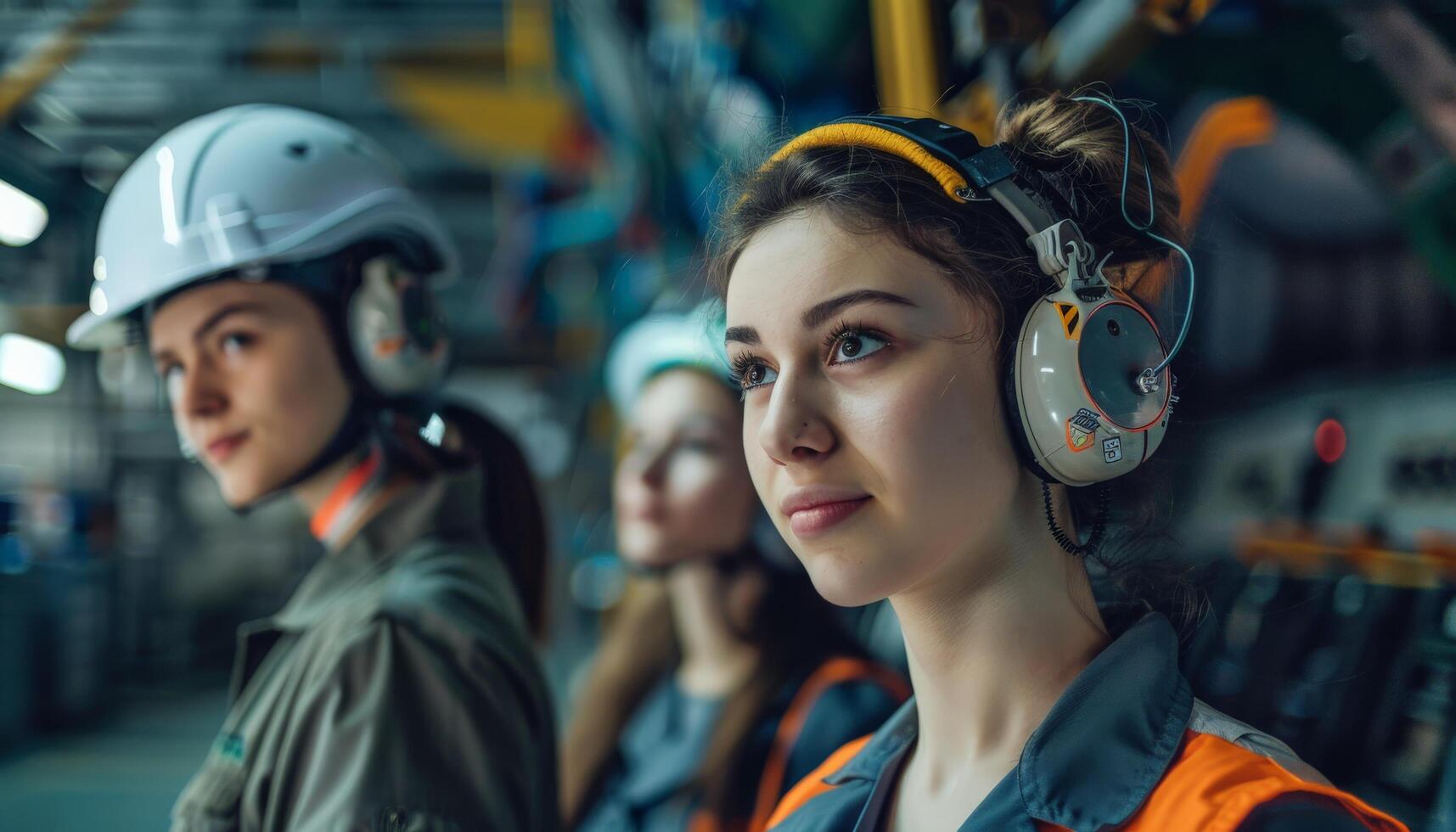 Three women in hard hats and safety gear looking at something off camera. photo