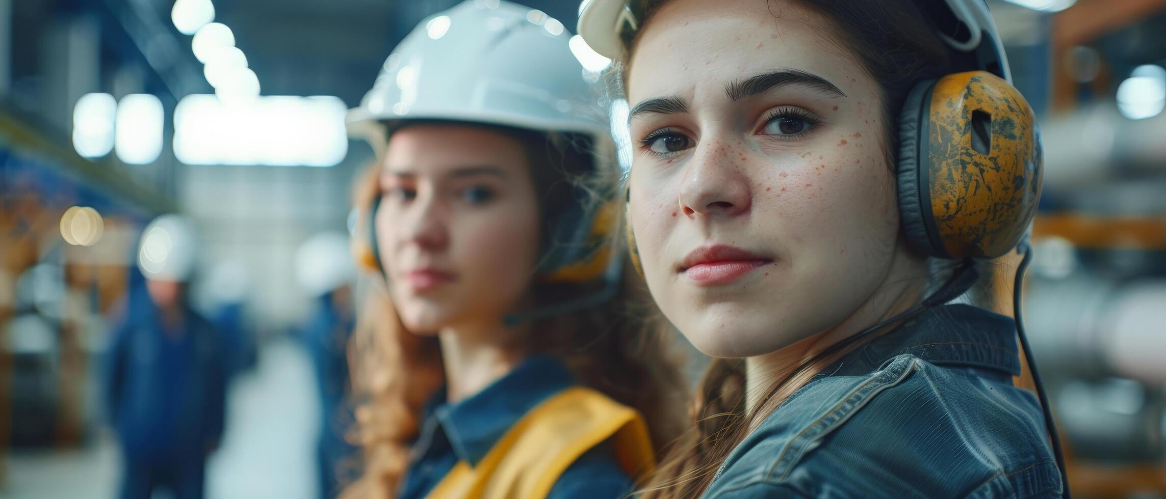Two women in hard hats and safety gear standing in a factory photo