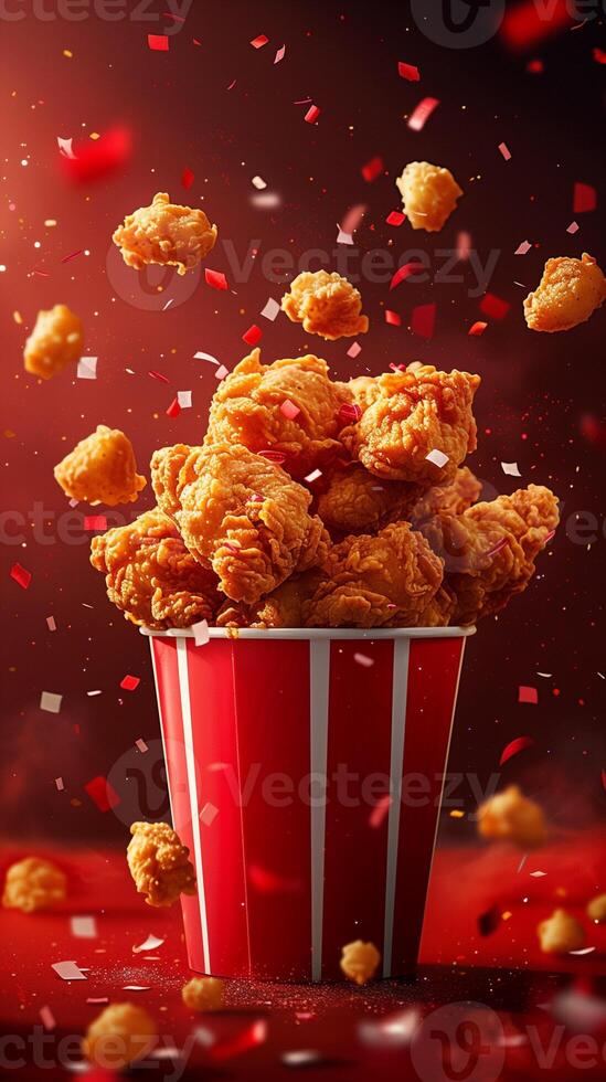 90s style illustration with explosion, retro, vintage, American fried chicken bucket, confetti, picture photo