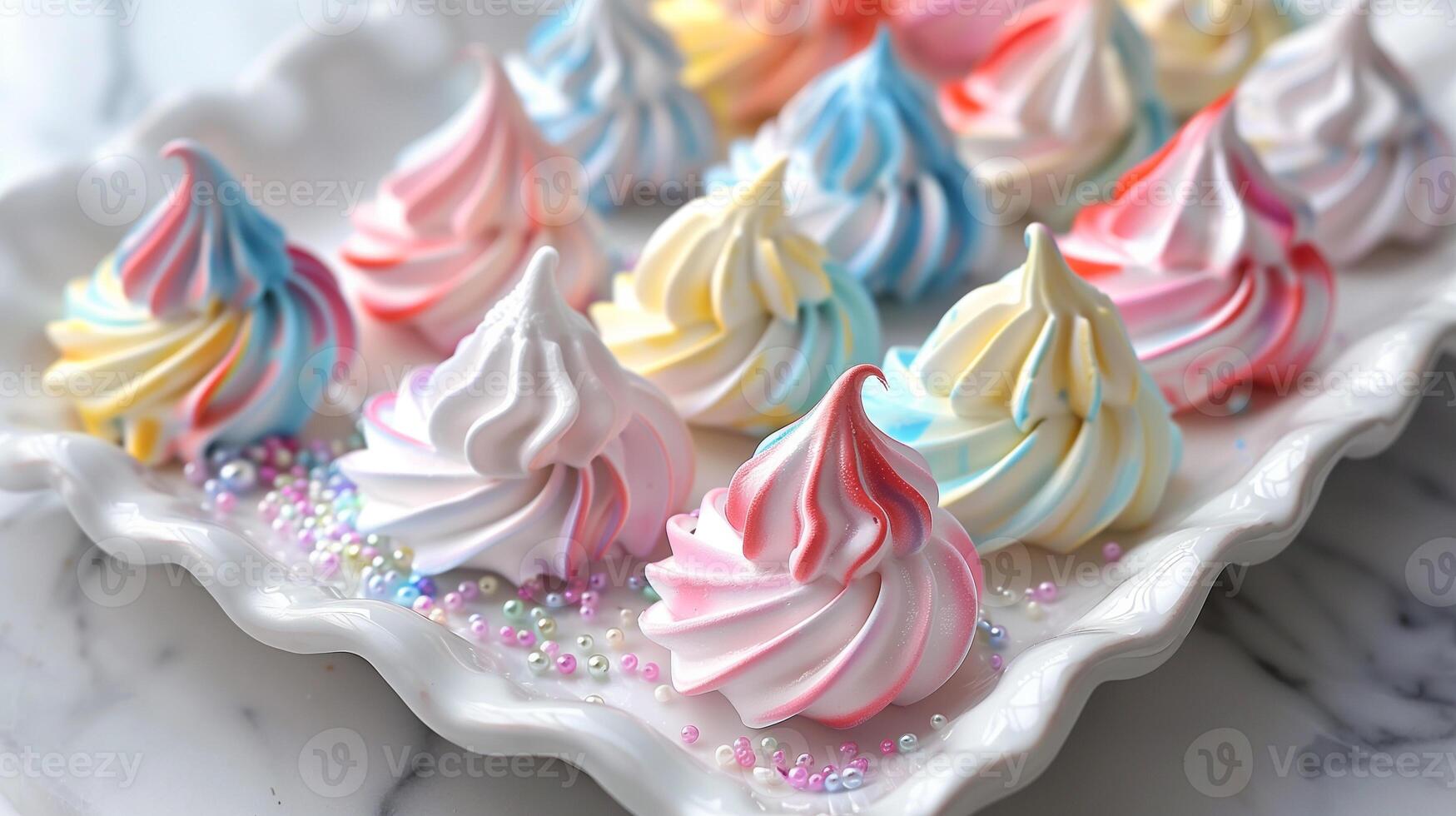 Colorful swirled meringue cookies with crisp exteriors and chewy centers arranged on a white serving platter, photorealistic photo