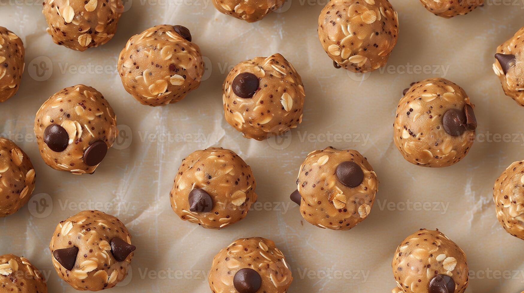 Energy bites with oats peanut butter chocolate chips on parchment-lined baking sheet, photo