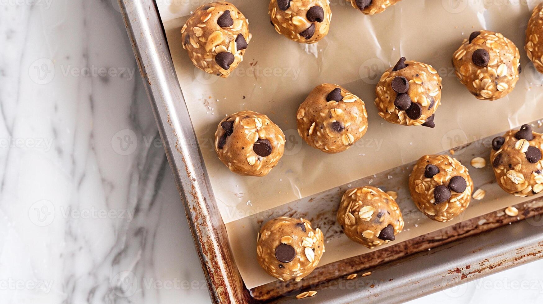 Energy bites with oats peanut butter chocolate chips on parchment-lined baking sheet, photography photo