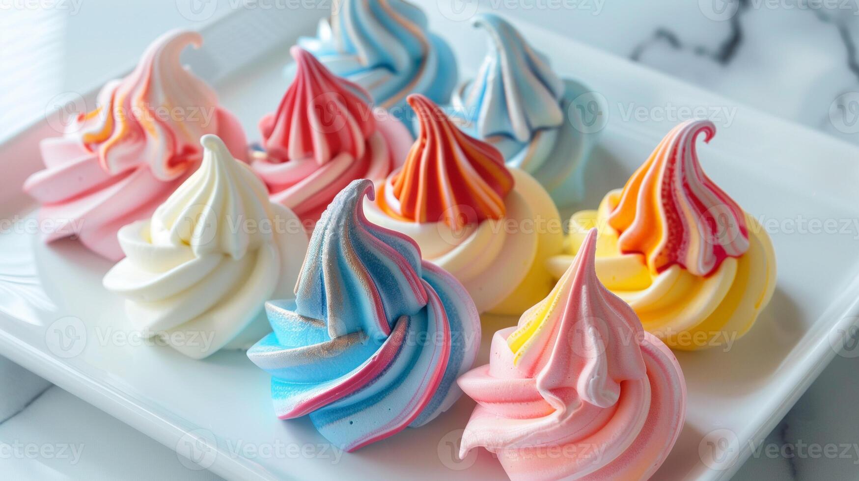 Colorful swirled meringue cookies with crisp exteriors and chewy centers arranged on a white serving platter, picture photo