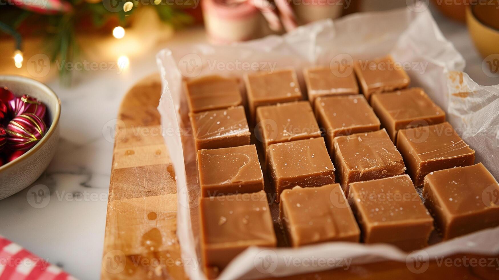 Batch of homemade holiday fudge cut into squares wrapped in festive parchment, photography photo