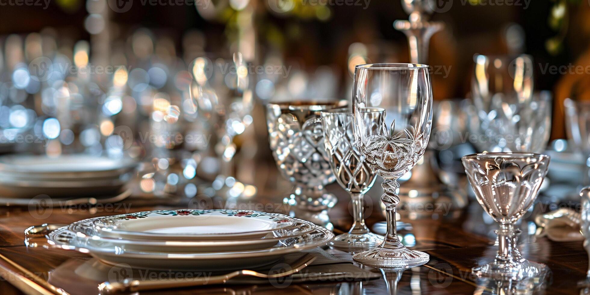Dinner table set with fine china, crystal glasses, silver cutlery, picture photo