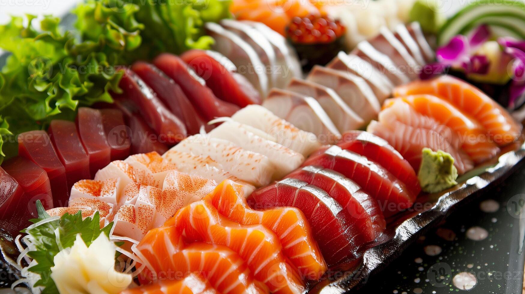 Platter of fresh sashimi with tuna salmon yellowtail soy sauce and wasabi, photography photo