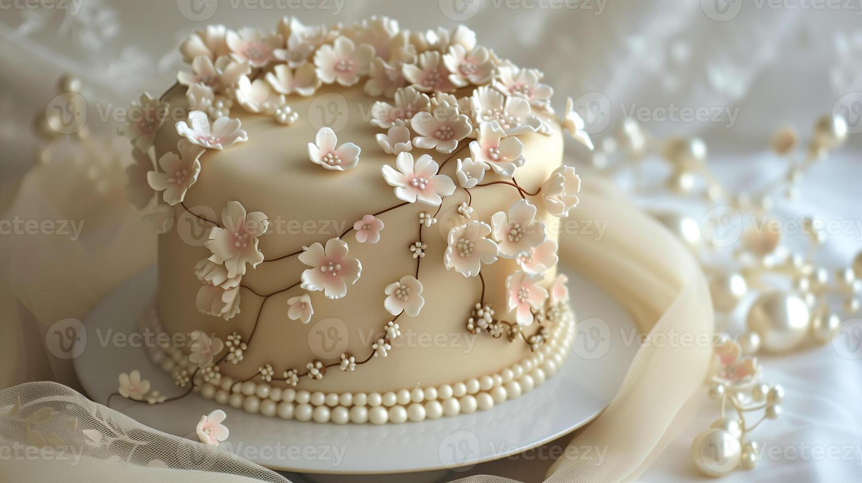 A beautifully decorated birthday cake covered in smooth fondant and adorned with intricate sugar flowers and edible pearls, photography photo