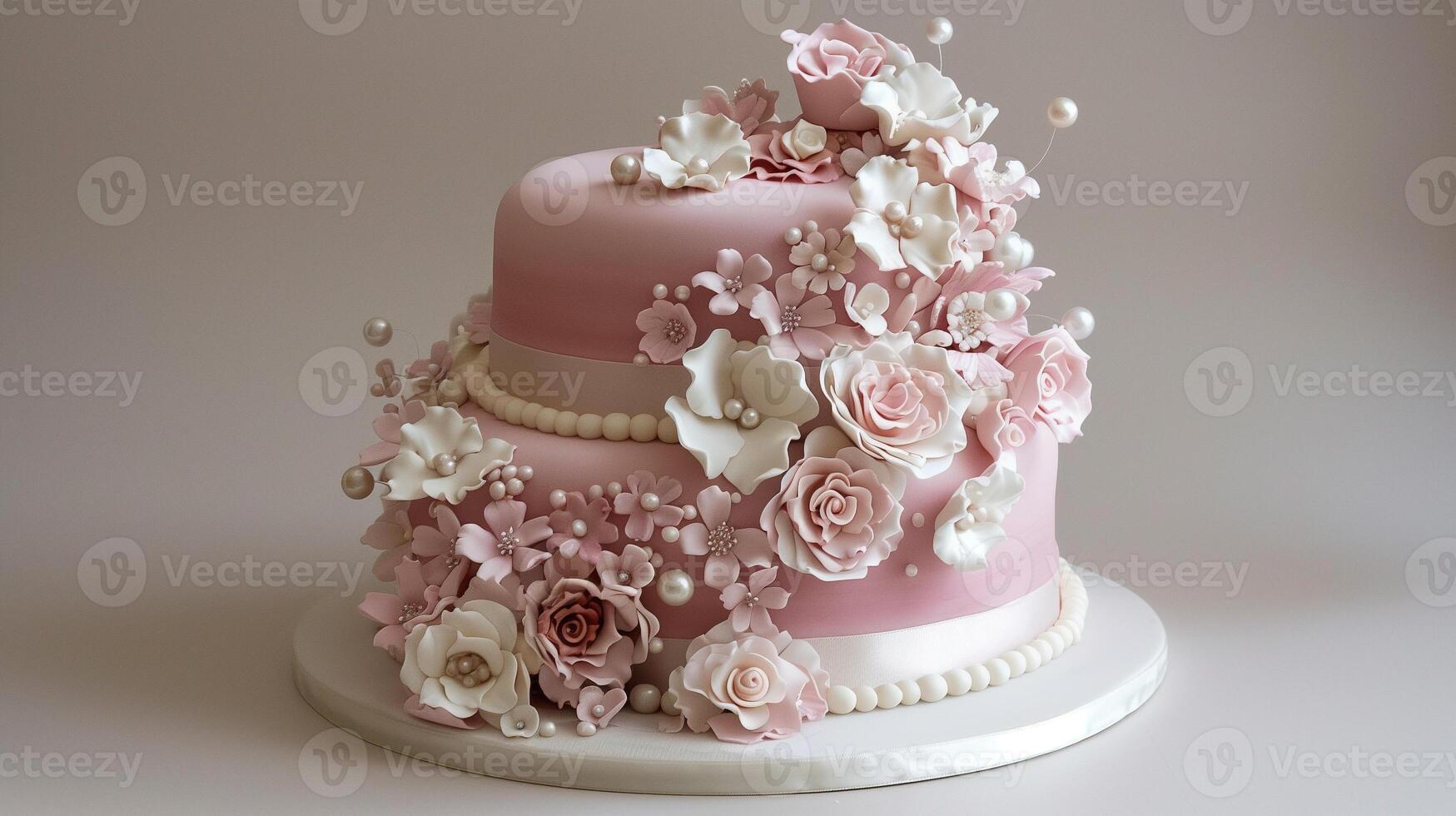 A beautifully decorated birthday cake covered in smooth fondant and adorned with intricate sugar flowers and edible pearls, photorealistic photo