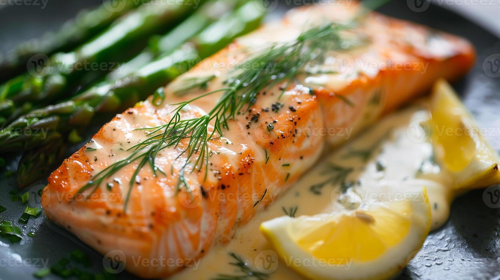 Beautifully cooked fillet of salmon topped with dill and lemon sauce served alongside steamed asparagus, photo