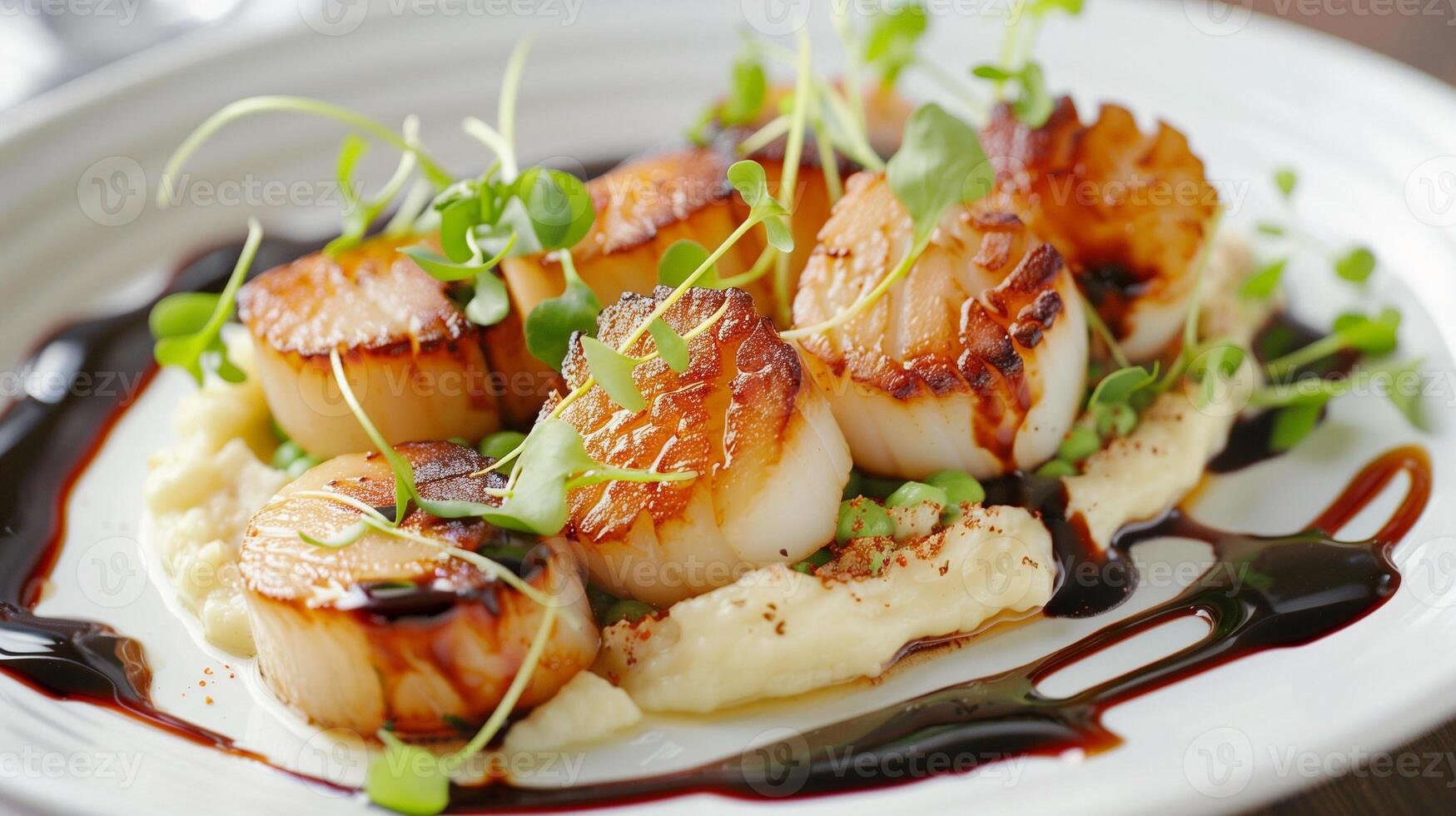 Plated seared scallops with pea puree microgreens and balsamic reduction, photo