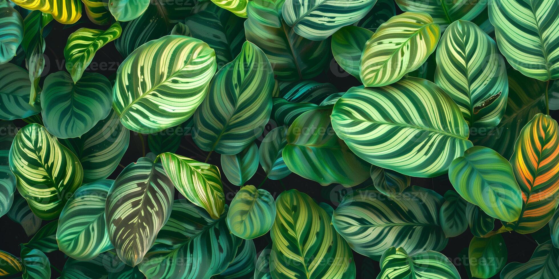 Bed of calatheas with intricate patterns of stripes and spots in varying shades of green, photorealistic photo