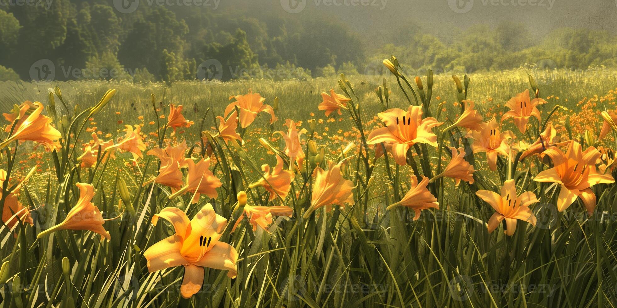 Bed of golden daylilies swaying gently in the breeze on a clear, sunny day, picture photo