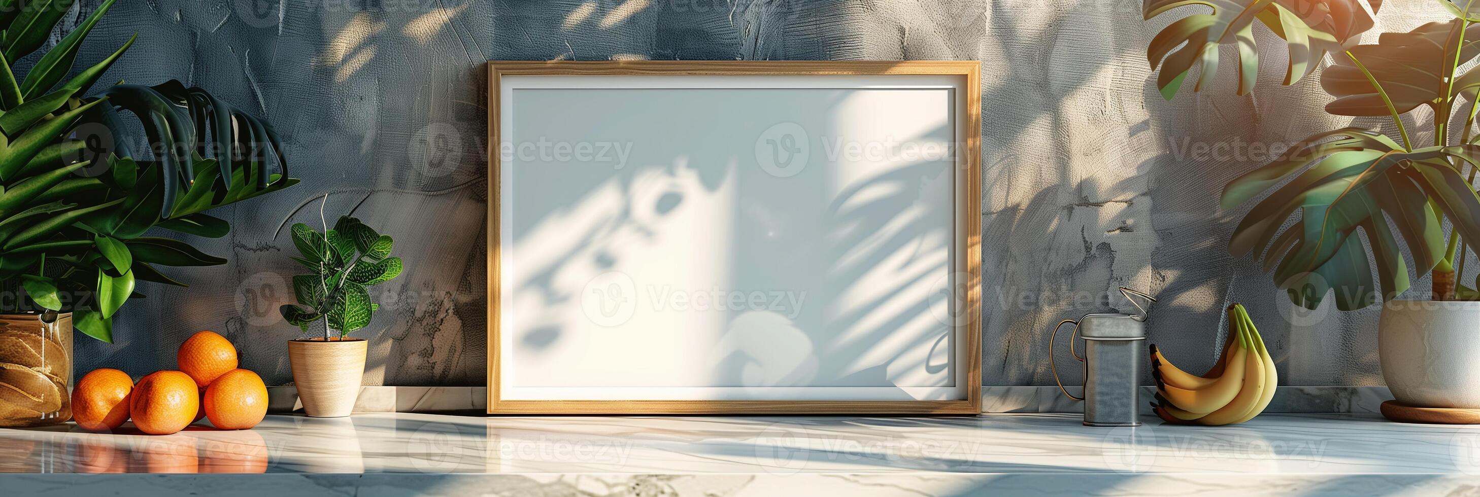 Blank 2x3 frame with a wooden border on a marble kitchen countertop, photography photo