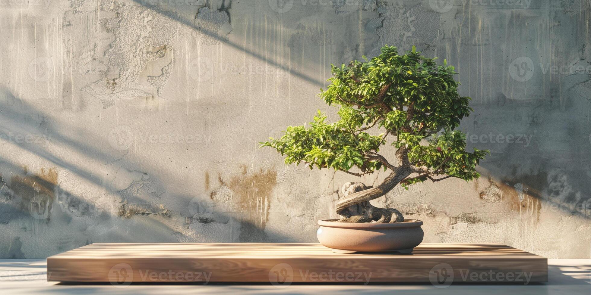 Bonsai tree is shown in a clay pot, displayed on a wooden platform in a minimalist space, photorealistic photo