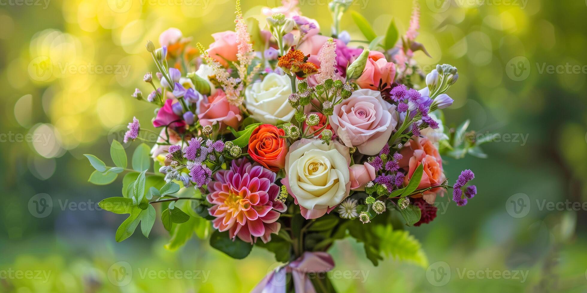 Bouquet of assorted flowers bound with satin ribbon, picture photo