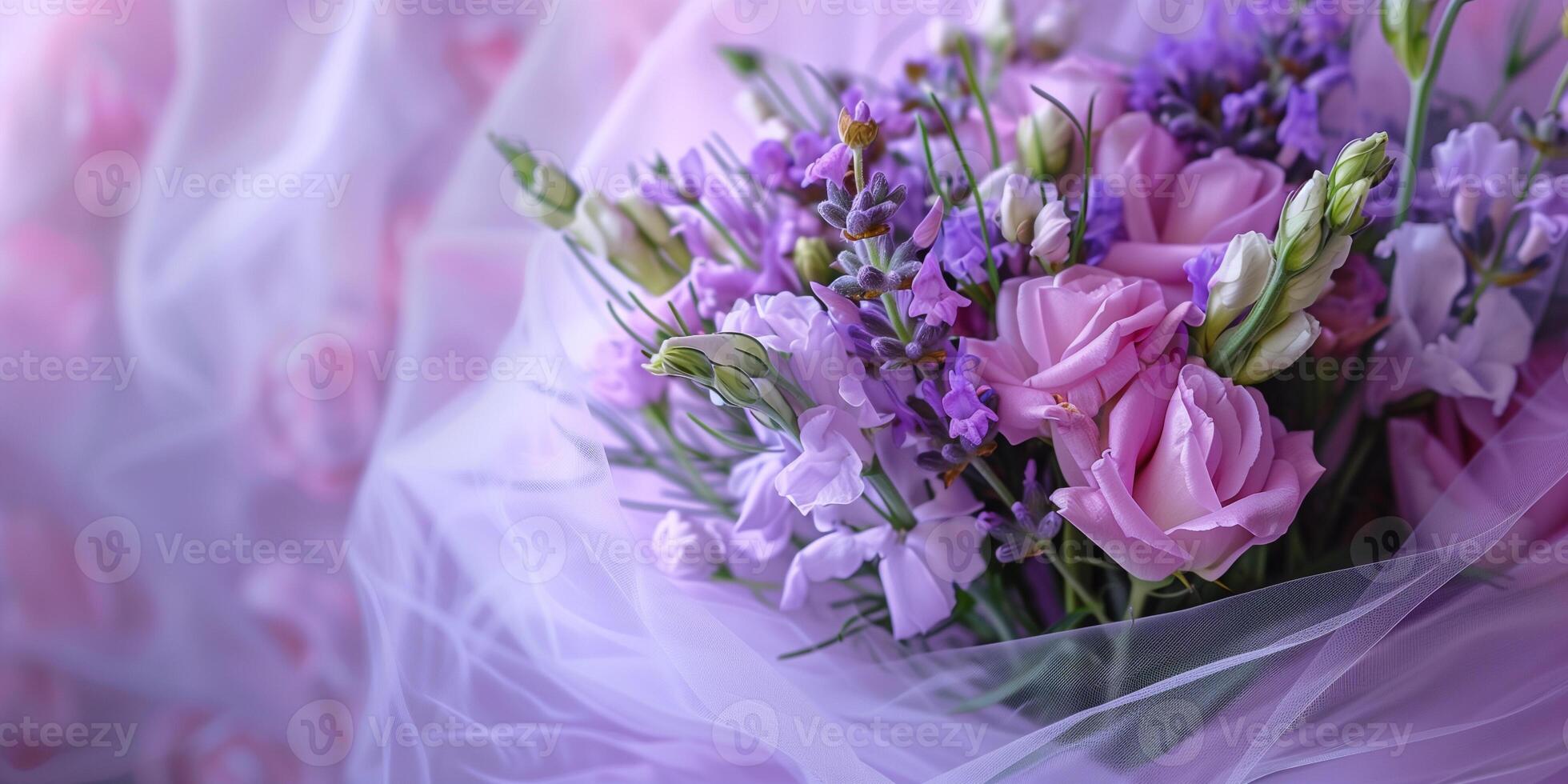 Bouquet featuring lavender and freesias, wrapped in a sheer chiffon veil, picture photo