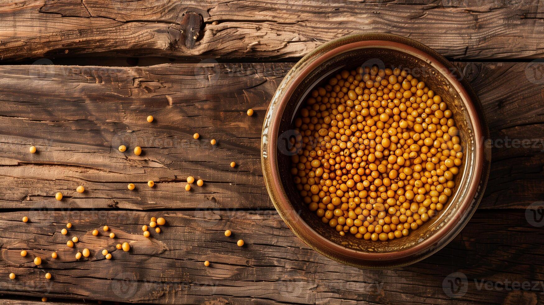 A bowl filled with yellow mustard seeds in brine fermenting into tangy mustard on a wooden surface, photo