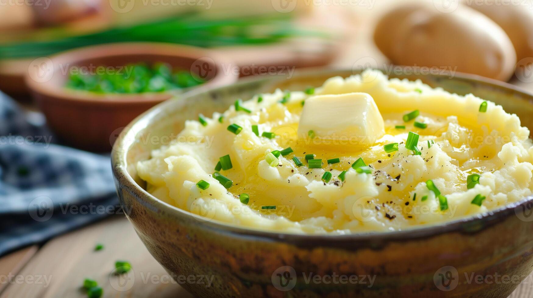 Bowl of creamy mashed potatoes with butter and chives, photography photo