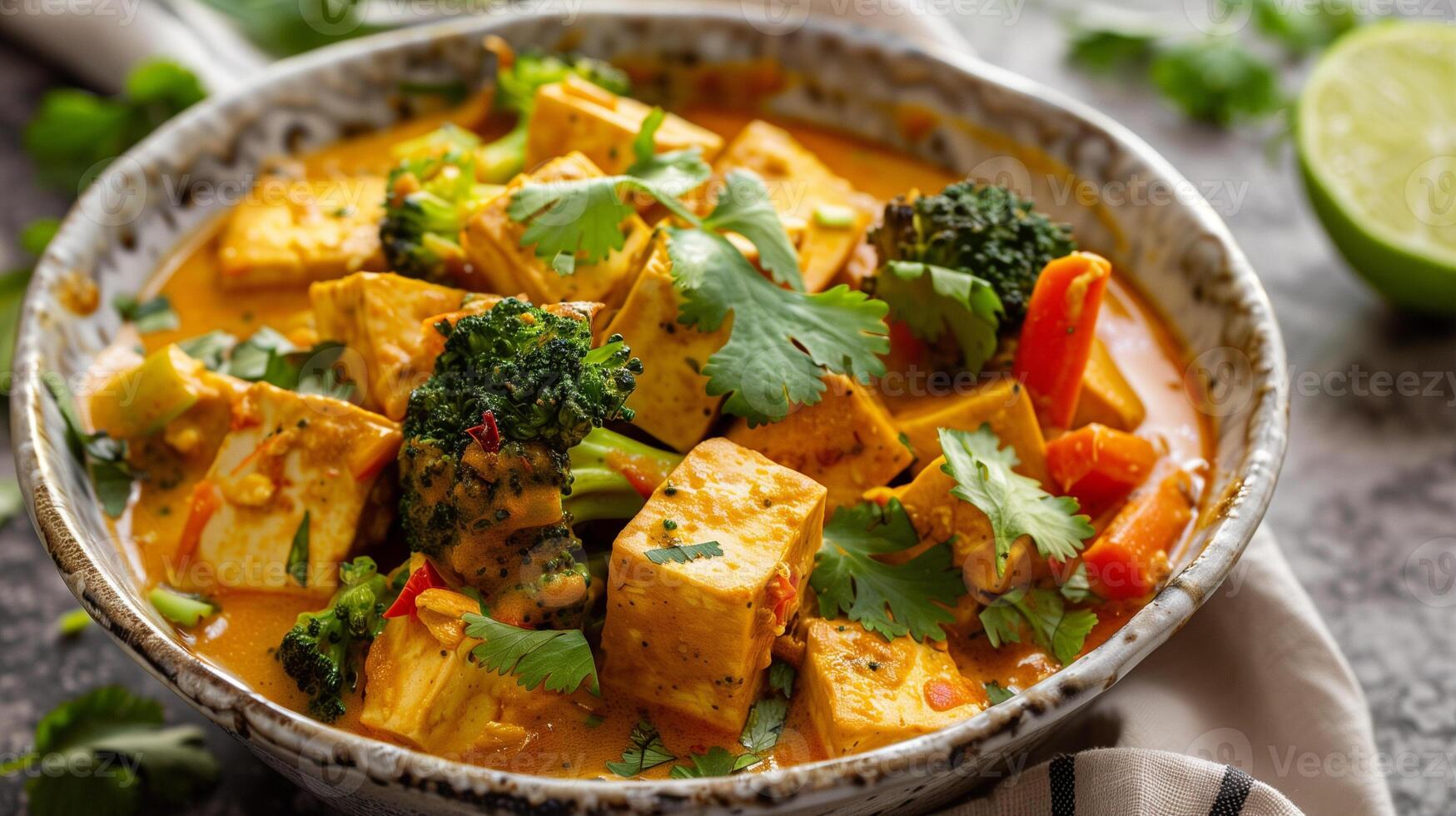Bowl of dairy-free coconut curry with tofu broccoli and carrots garnished with cilantro and lime, photography photo