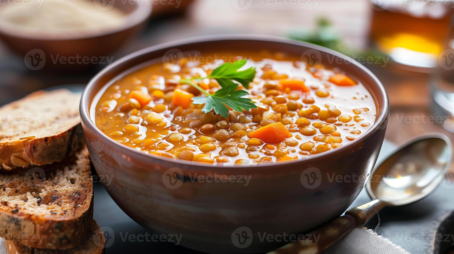 Bowl of hearty lentil soup with parsley garnish served with toasted whole-grain bread, photo