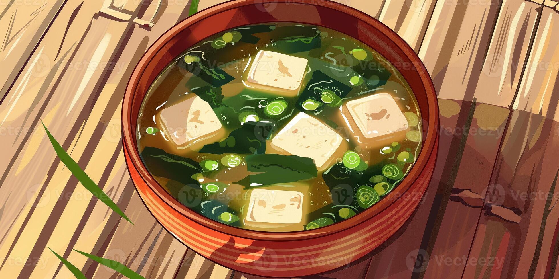 Miso soup with tofu, seaweed, and scallions in a traditional lacquer bowl, picture photo