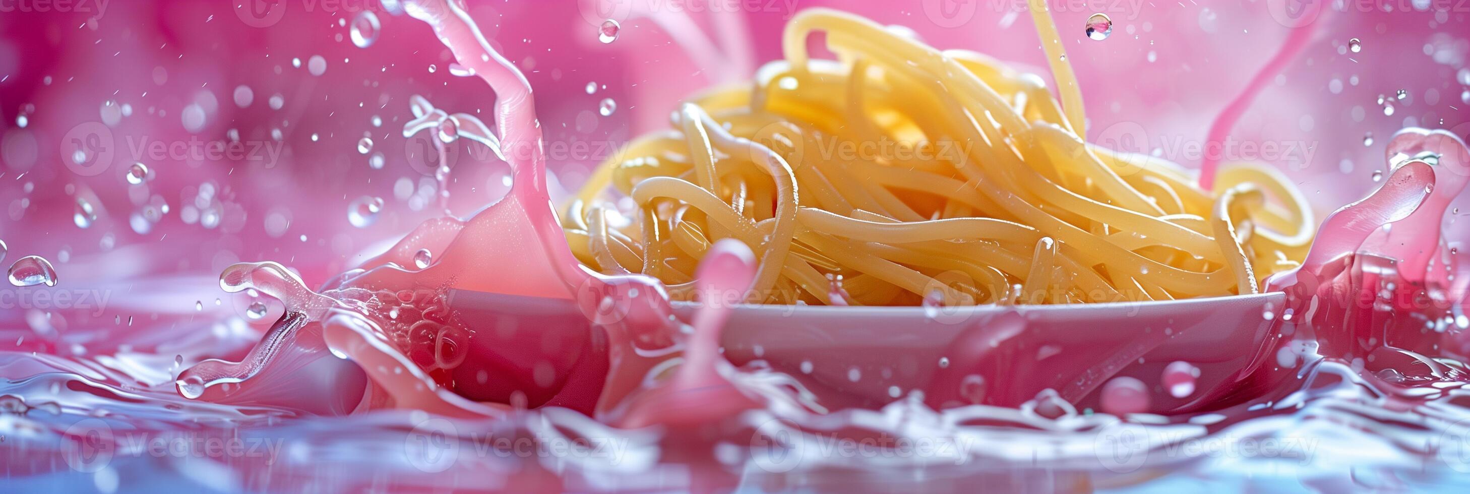 Bowl of pasta with liquid flowing from it, indigo and crimson, photo