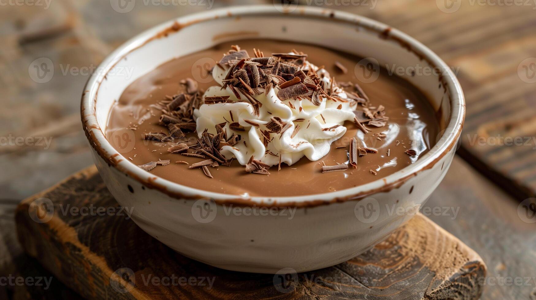 Bowl of sugar-free chocolate pudding garnished with whipped cream and dark chocolate shavings, photo