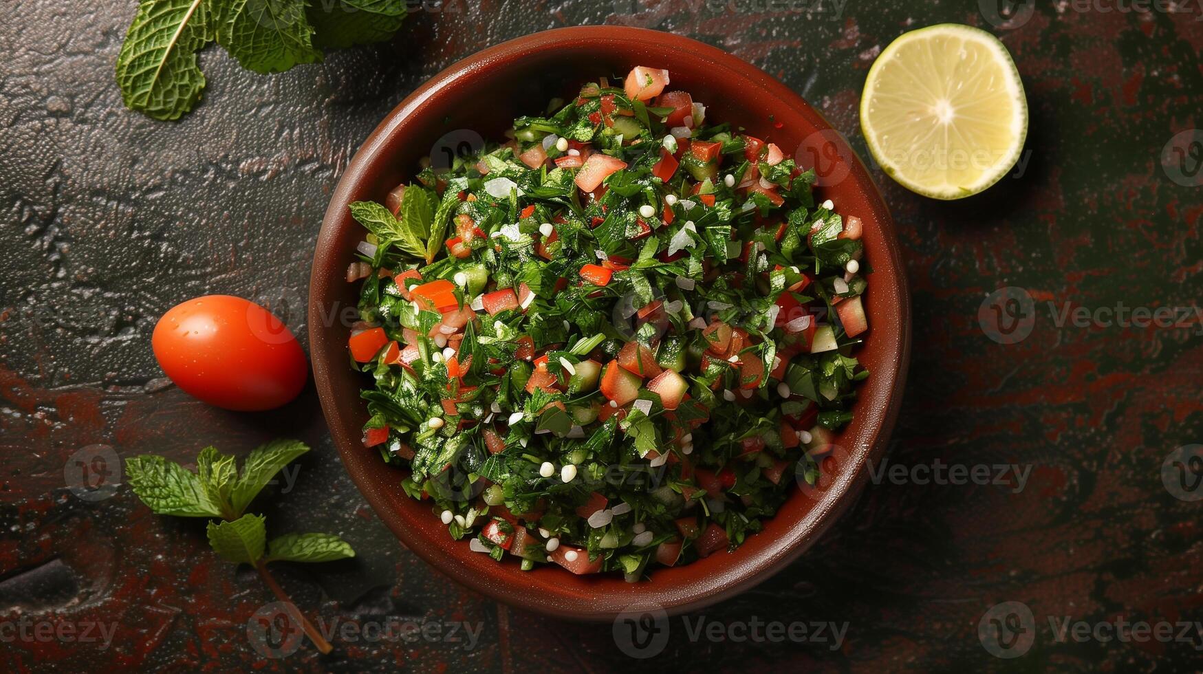 Bowl of tabbouleh salad with bulgur parsley mint tomatoes and lemon juice, picture photo
