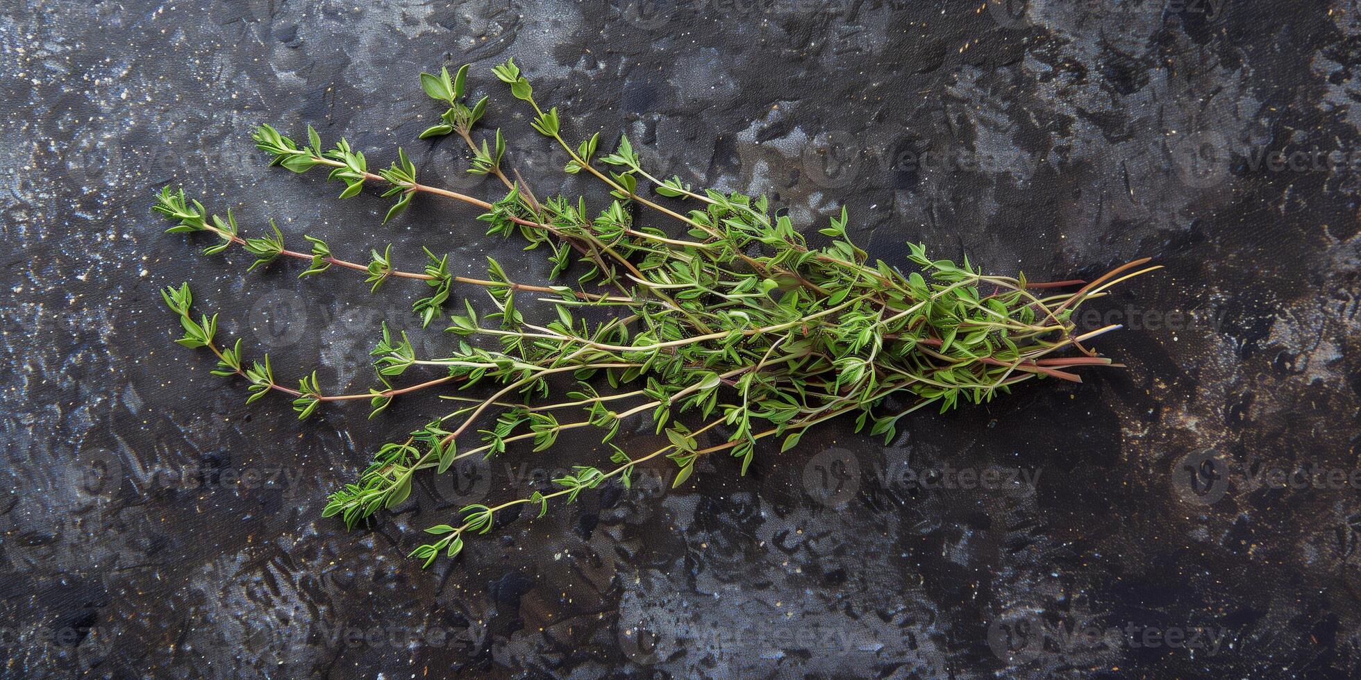 Bundle of fresh thyme sprigs, spread out on a dark, textured background, photographed from above, picture photo
