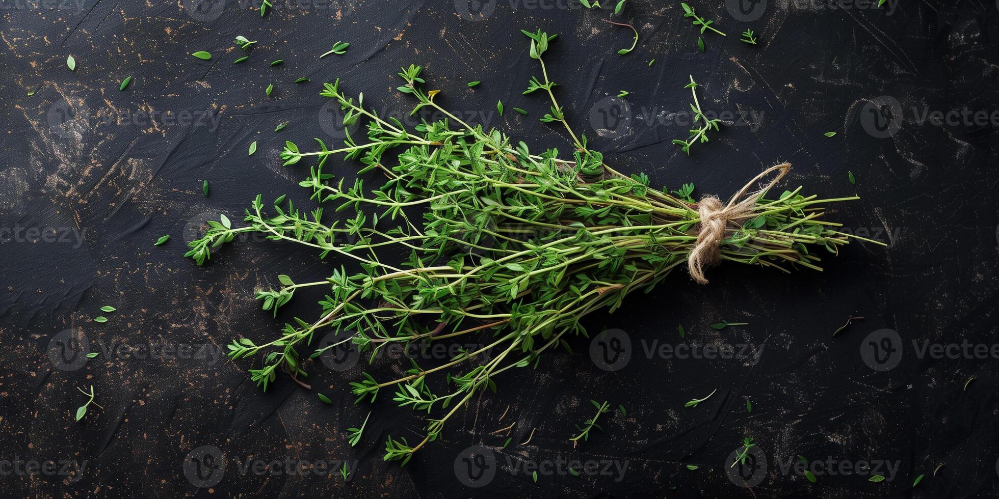 Bundle of fresh thyme sprigs, spread out on a dark, textured background, photographed from above, photorealistic photo