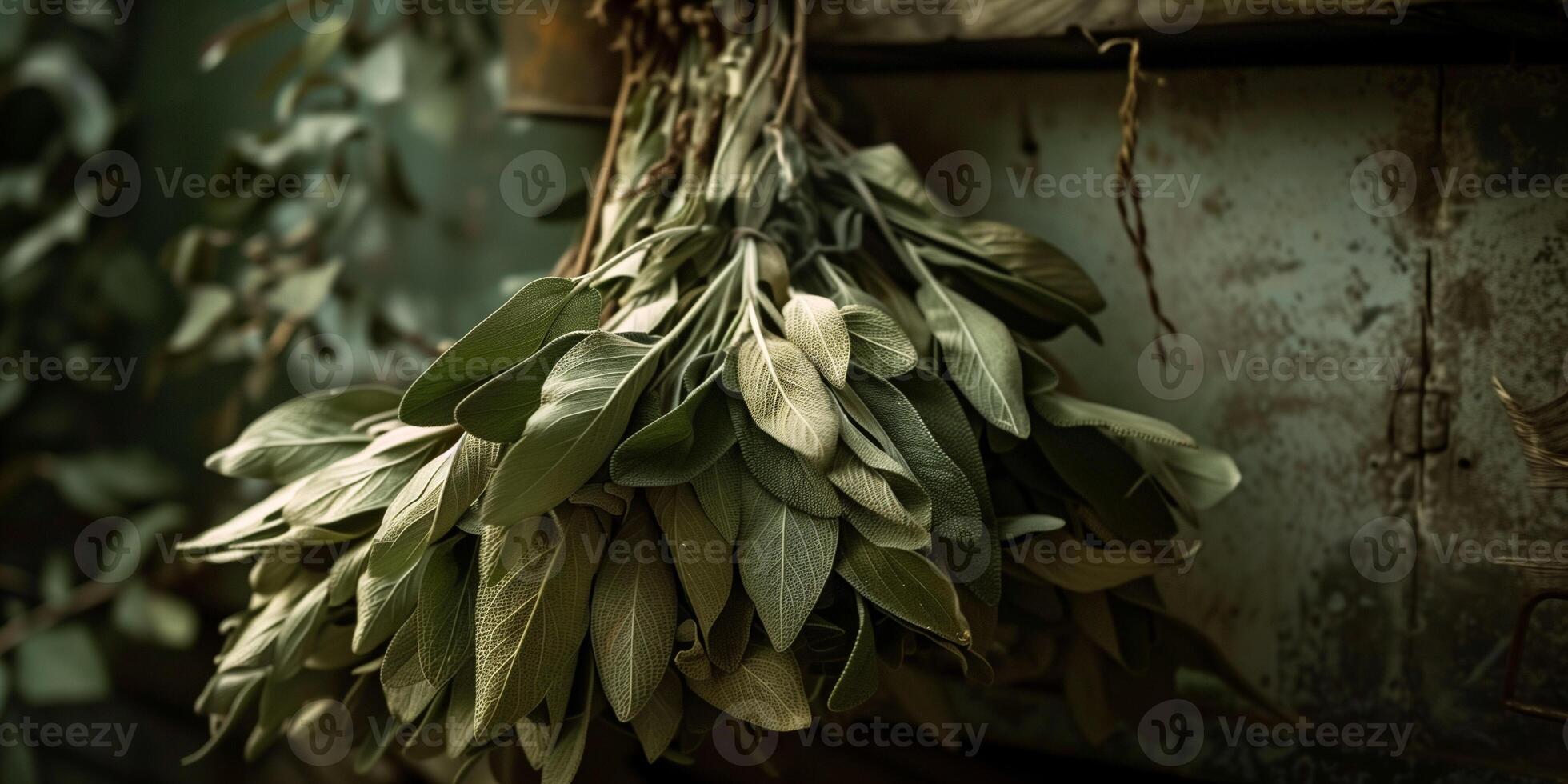 Bundle of sage leaves drying upside down in a dimly lit pantry, picture photo