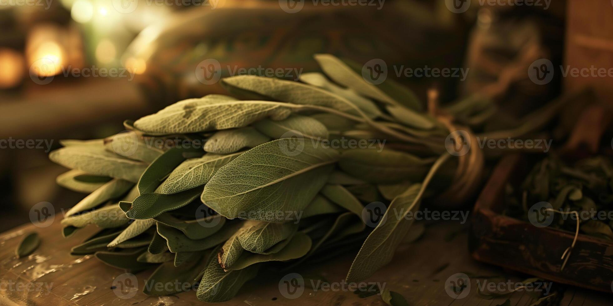 Bundle of sage leaves drying upside down in a dimly lit pantry, photo