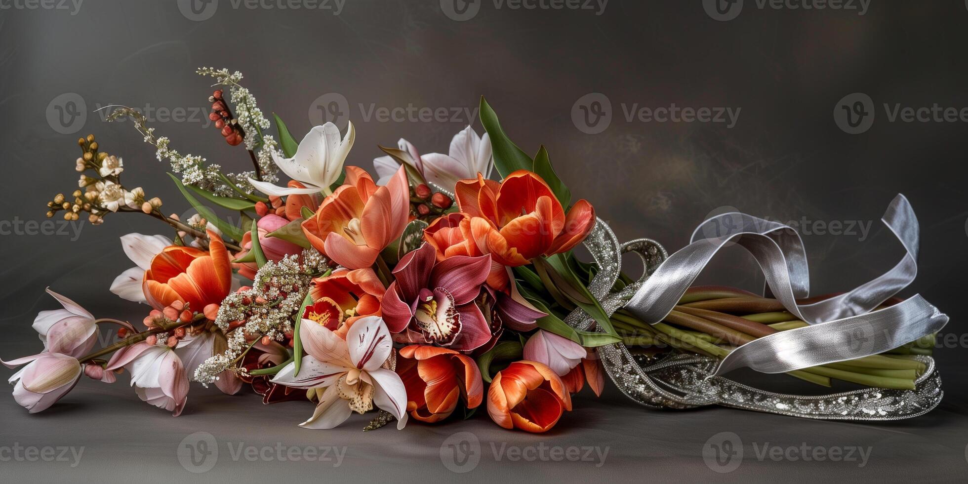 Bundle of tulips and orchids with silver-threaded ribbon, photography photo