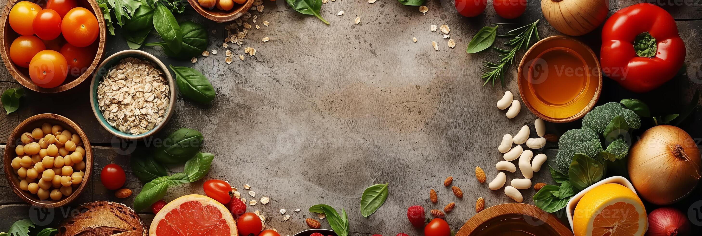 Circular frame with healthy food, empty inside, picture photo