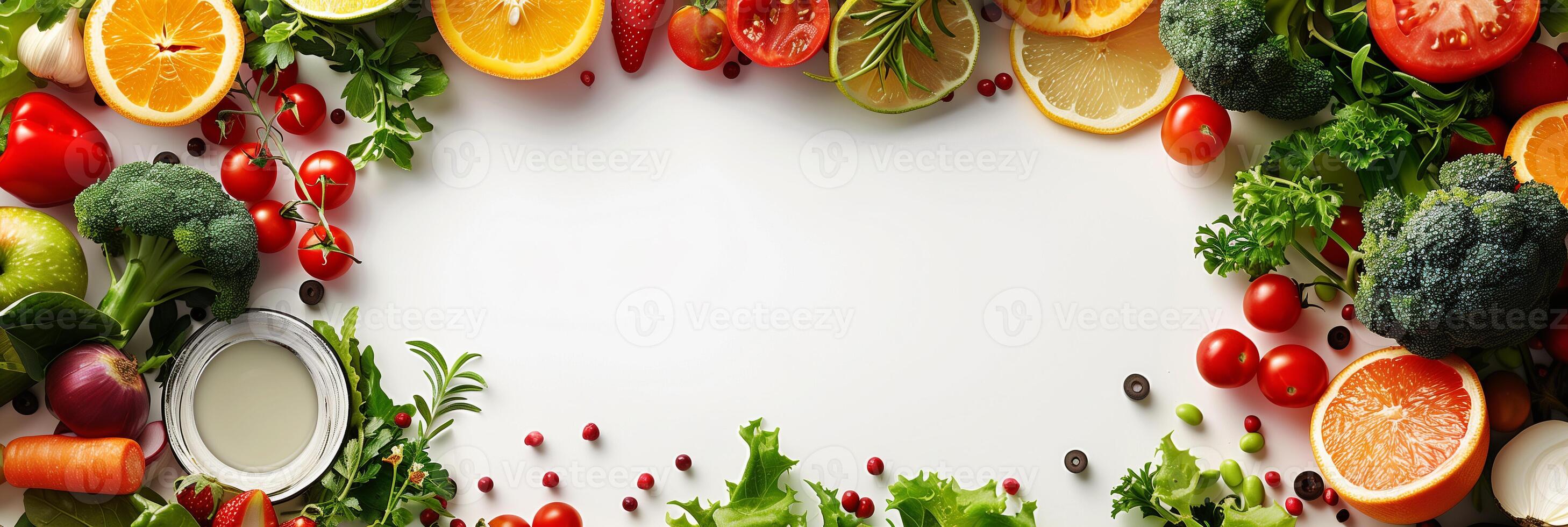 Circular frame with healthy food, empty inside, photo
