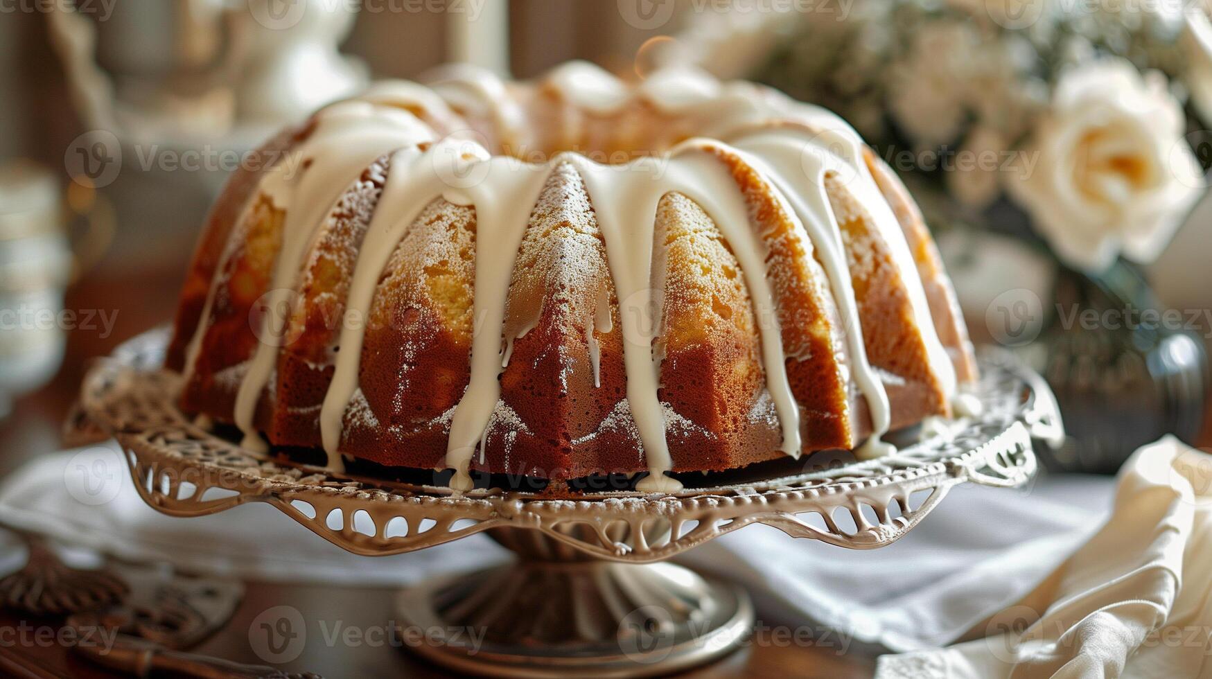 A classic bundt cake drizzled with a sweet vanilla glaze resting on a cake stand with intricate details, picture photo