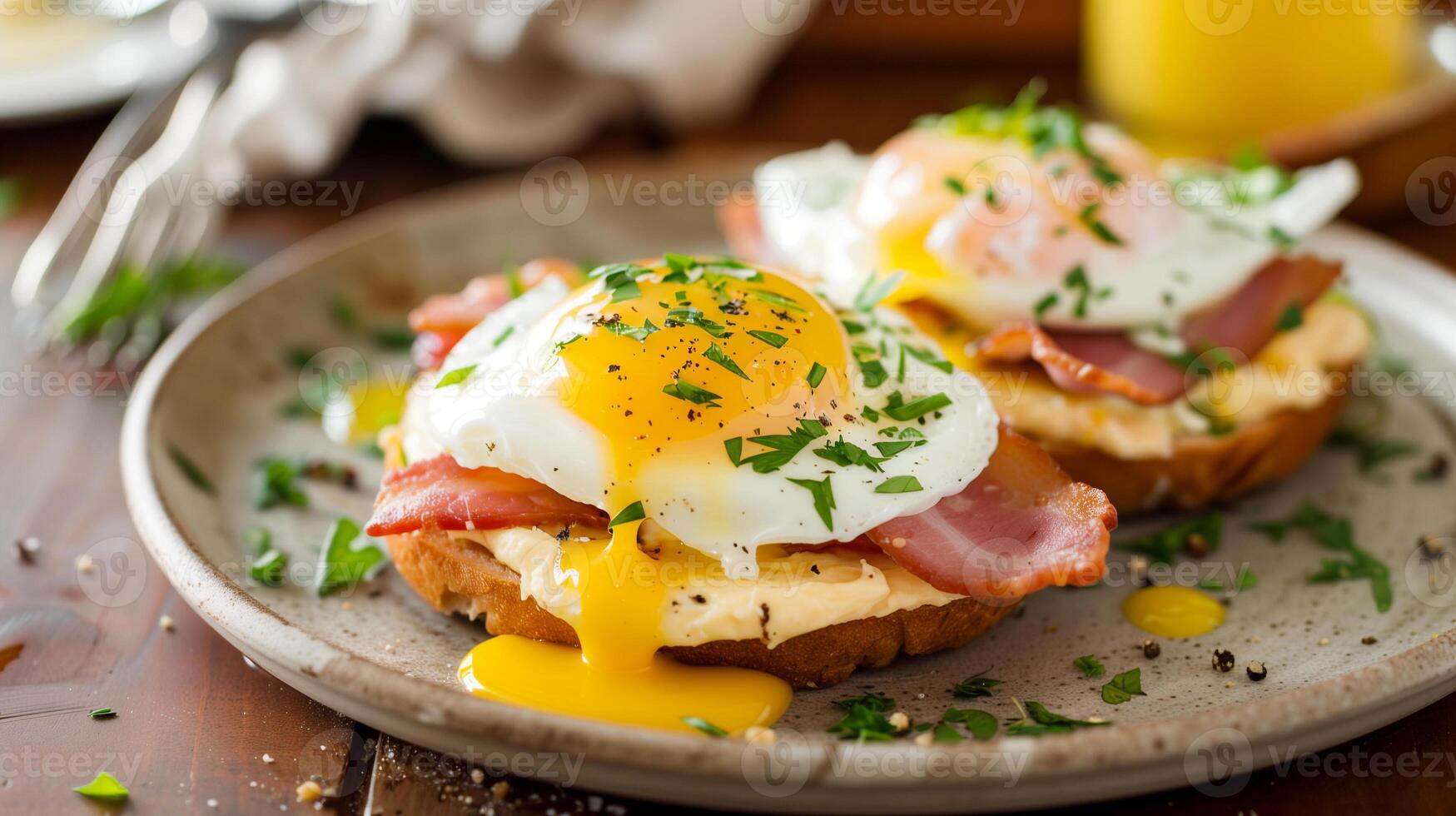 Classic eggs Benedict with poached eggs Canadian bacon and hollandaise sauce on toasted English muffins, picture photo