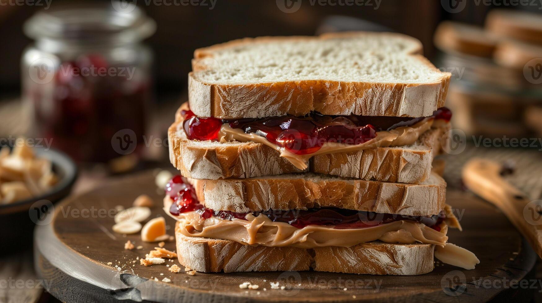 Classic peanut butter and jelly sandwich with soft bread creamy peanut butter and sweet jelly, photo