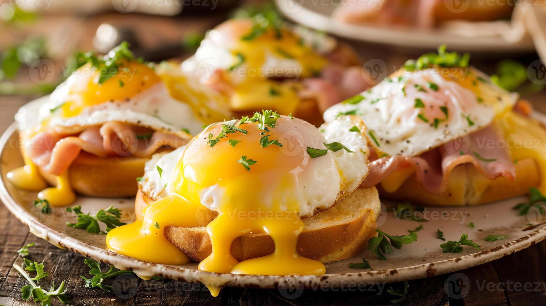 Classic eggs Benedict with poached eggs Canadian bacon and hollandaise sauce on toasted English muffins, photo