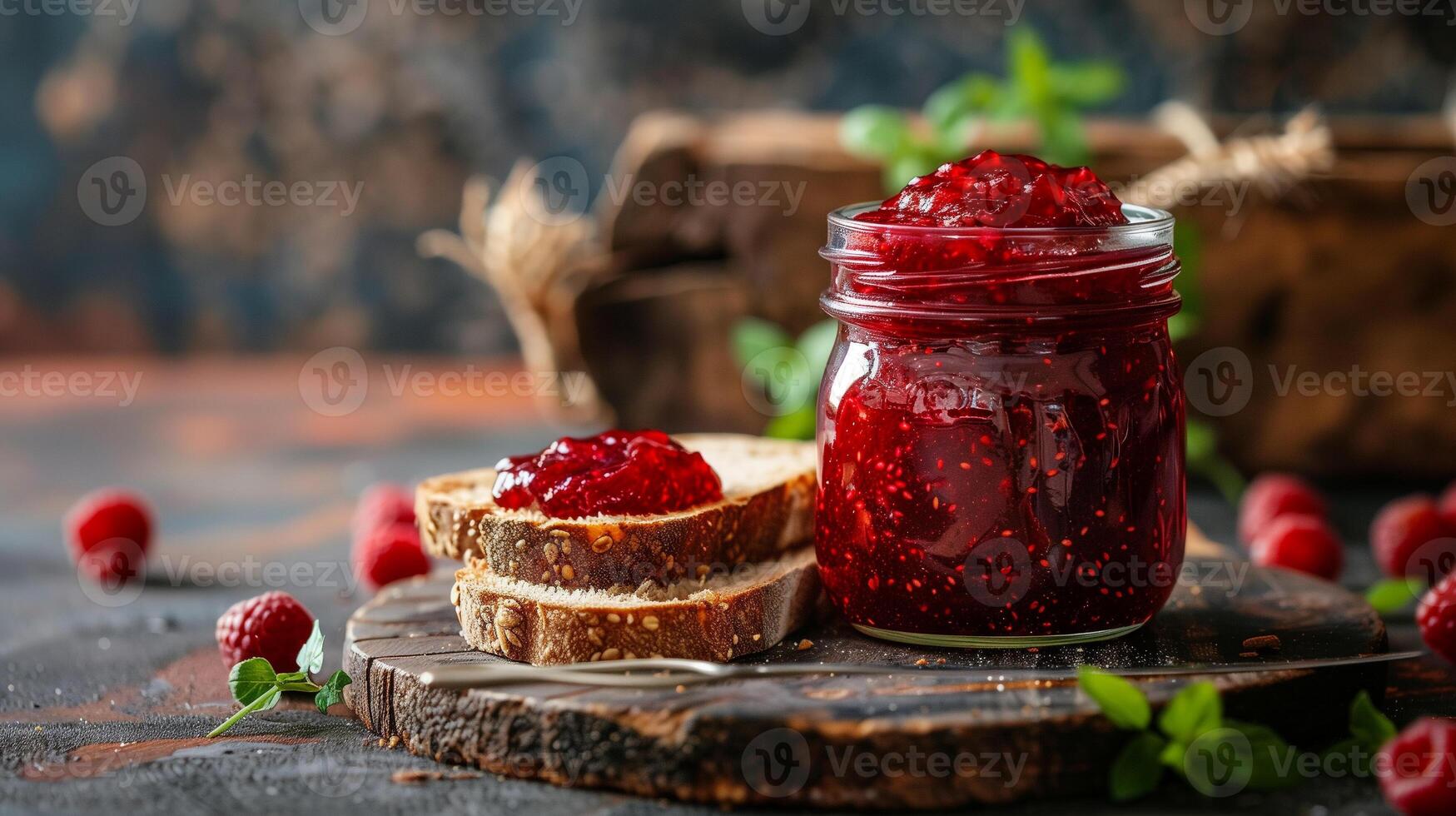 Clear jar filled with homemade sugar-free jam with a spoon and slice of whole grain bread nearby, picture photo