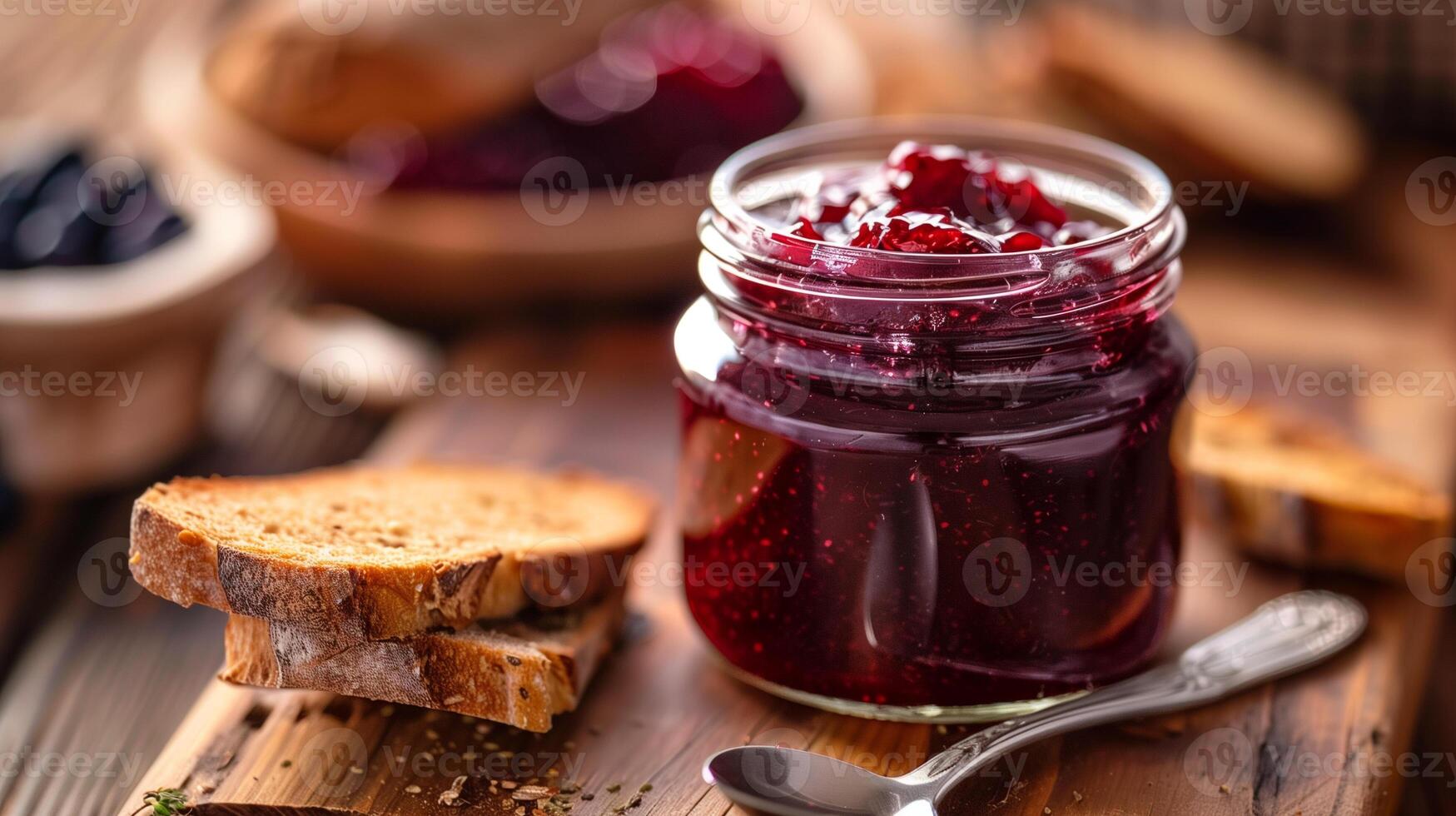 Clear jar filled with homemade sugar-free jam with a spoon and slice of whole grain bread nearby, photo