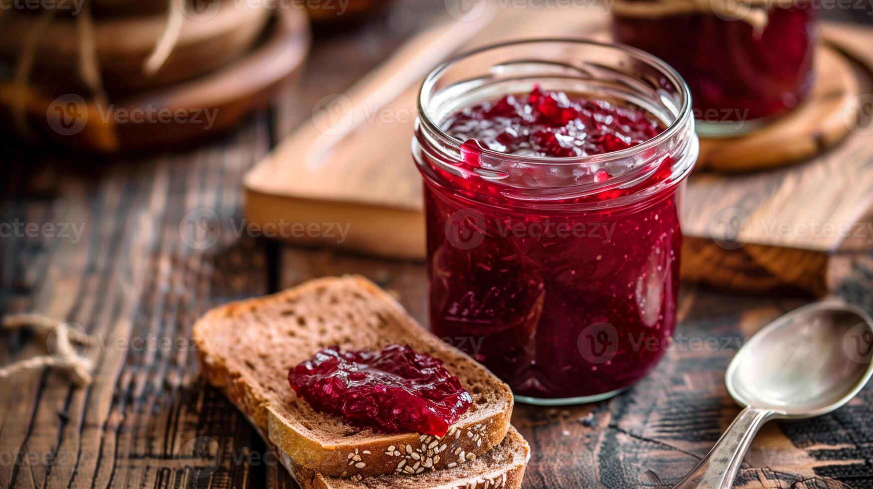Clear jar filled with homemade sugar-free jam with a spoon and slice of whole grain bread nearby, photorealistic photo
