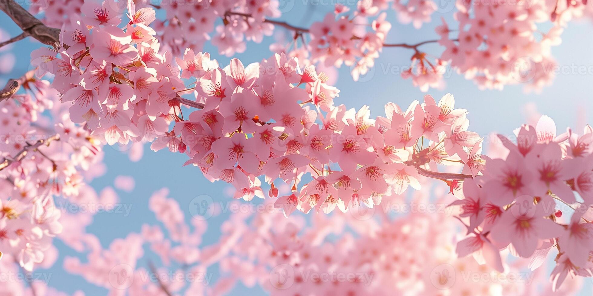Close-up of blooming cherry blossom tree with pink flowers against a clear spring sky, photorealistic photo