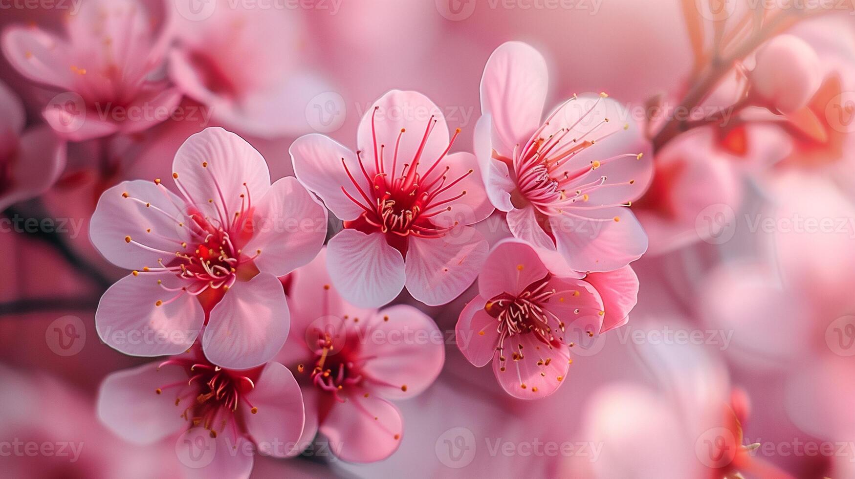 Close-up of blooming cherry blossom tree with pink flowers against a clear spring sky, photo
