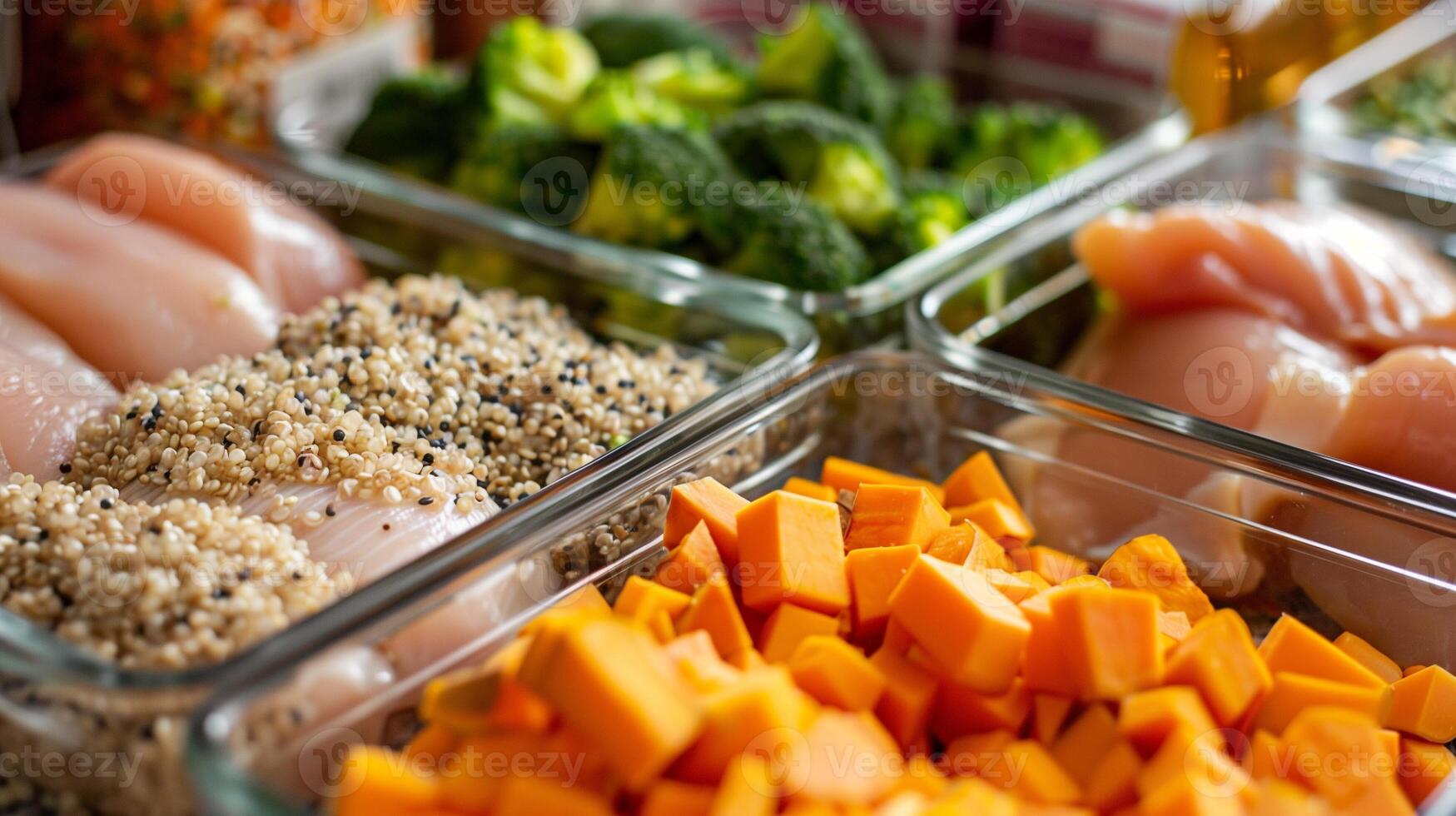 Close-up of meal prep station with chicken breasts broccoli sweet potatoes and quinoa being organized, photo