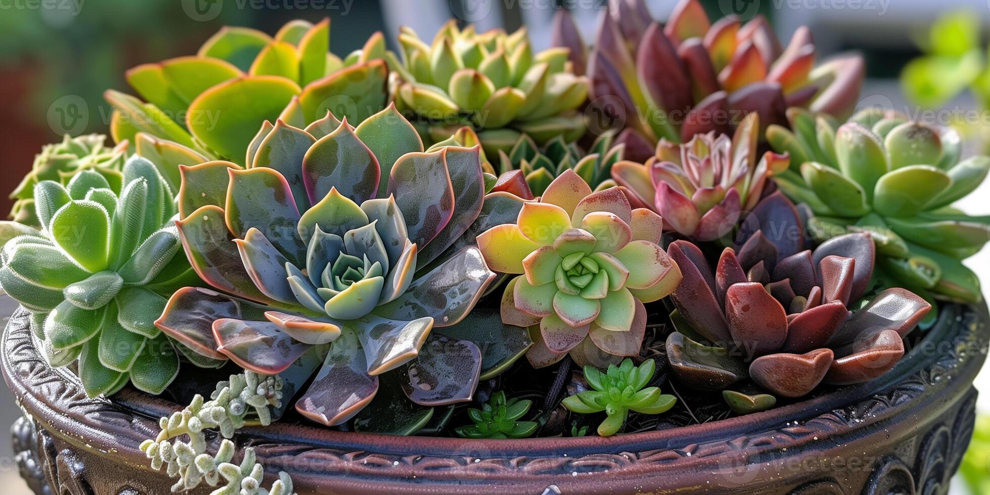 Close-up of succulent plant arrangement in a decorative pot with diverse leaf shapes and colors, photorealistic photo