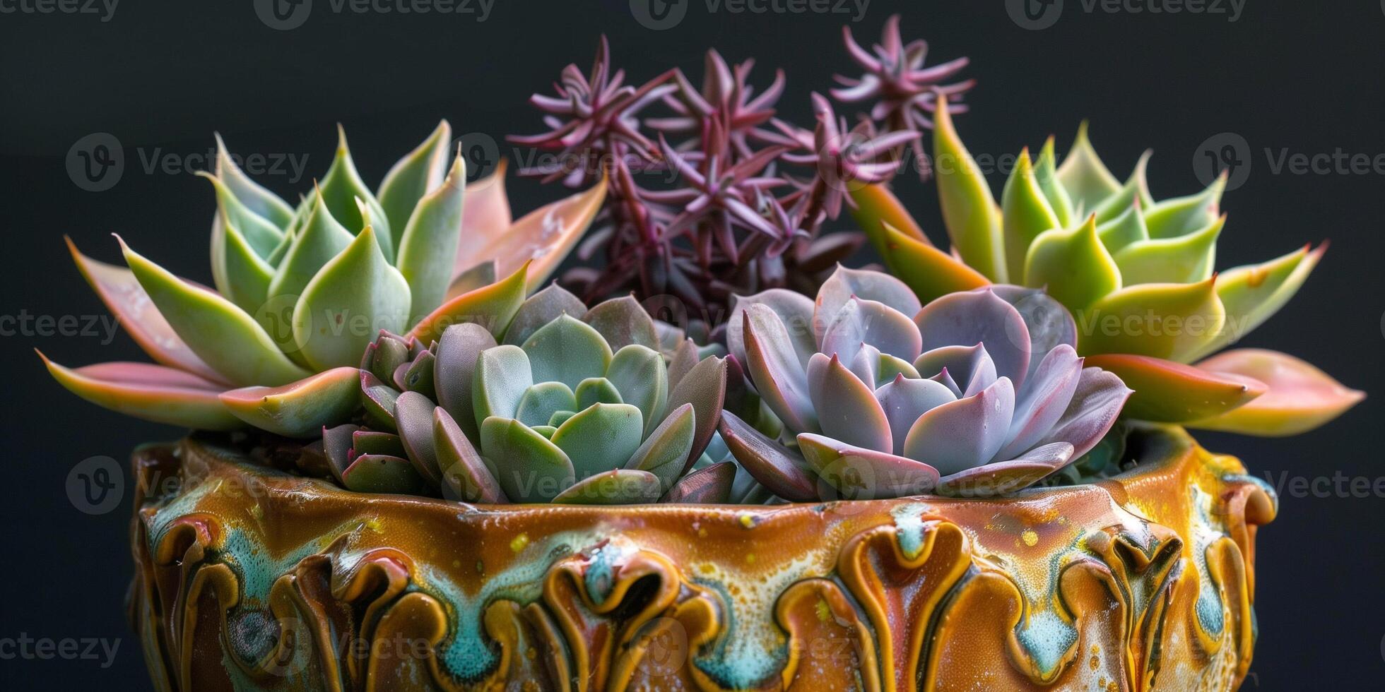 Close-up of succulent plant arrangement in a decorative pot with diverse leaf shapes and colors, photography photo